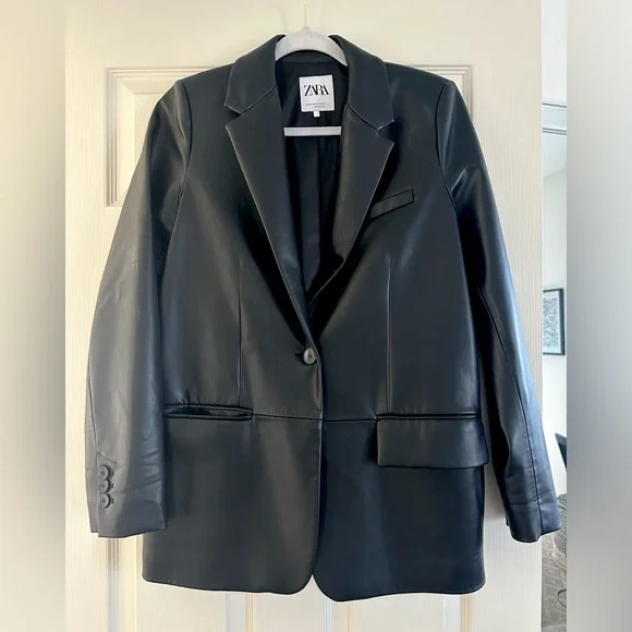 Black Zara Faux Leather Blazer, Size XS - Picture 4 of 7